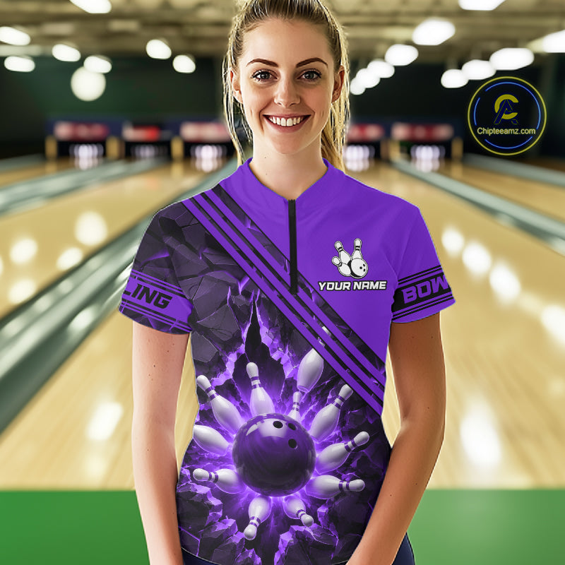 Custom Purple Women Bowling League Polo & 1/4 Quarter Zip Jersey Bowling Team Shirts NBT1019