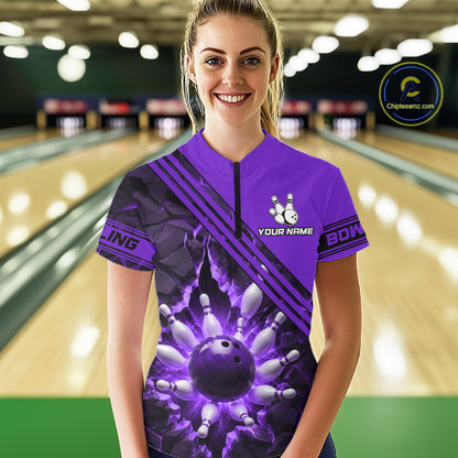 Custom Purple Women Bowling League Polo & 1/4 Quarter Zip Jersey Bowling Team Shirts NBT1019
