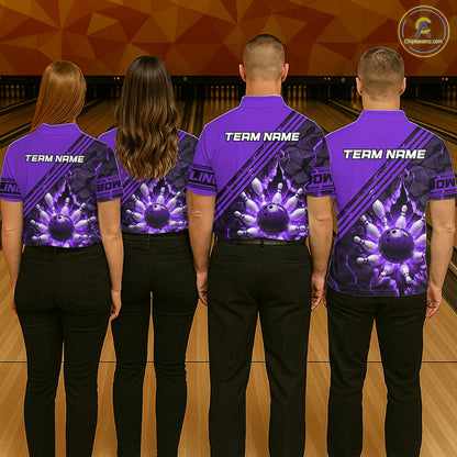 Custom Purple Men Bowling League Polo & 1/4 Quarter Zip Jersey Bowling Team Shirts NBT1019