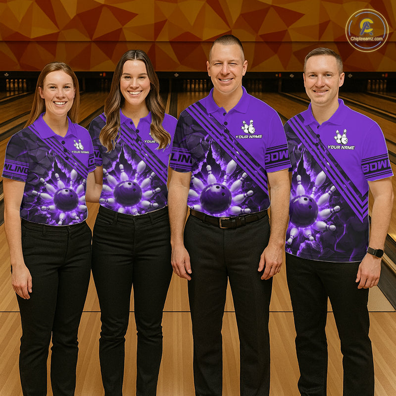 Custom Purple Men Bowling League Polo & 1/4 Quarter Zip Jersey Bowling Team Shirts NBT1019