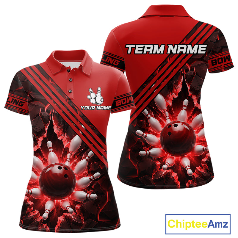 Custom Red Women Bowling League Polo & 1/4 Quarter Zip Jersey Bowling Team Shirts NBT1020
