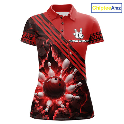 Custom Red Women Bowling League Polo & 1/4 Quarter Zip Jersey Bowling Team Shirts NBT1020