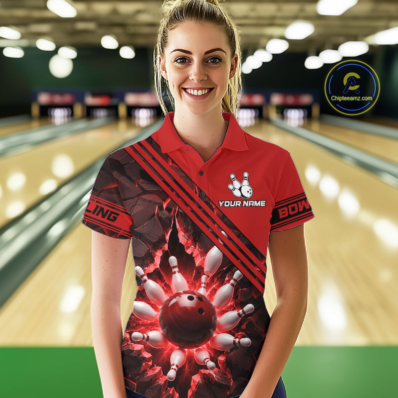 Custom Red Women Bowling League Polo & 1/4 Quarter Zip Jersey Bowling Team Shirts NBT1020
