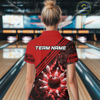 Custom Red Women Bowling League Polo & 1/4 Quarter Zip Jersey Bowling Team Shirts NBT1020