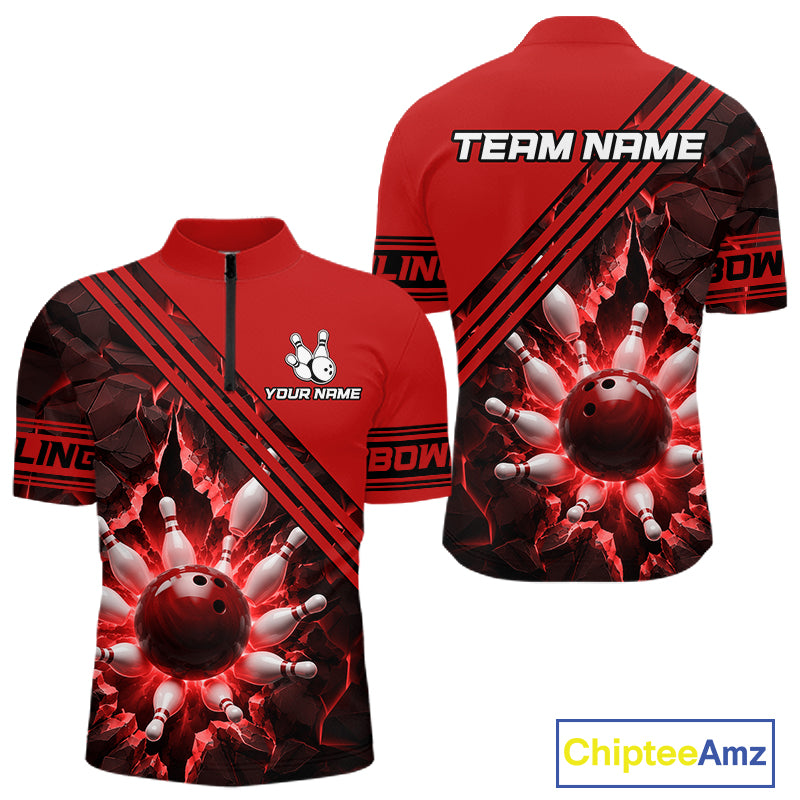 Custom Red Men Bowling League Polo & 1/4 Quarter Zip Jersey Bowling Team Shirts NBT1020