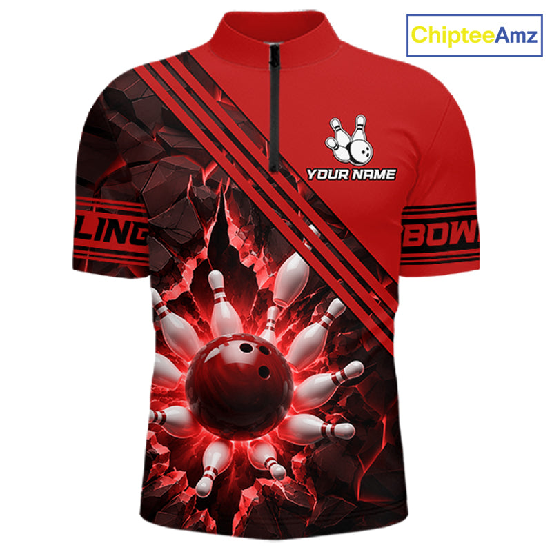 Custom Red Men Bowling League Polo & 1/4 Quarter Zip Jersey Bowling Team Shirts NBT1020