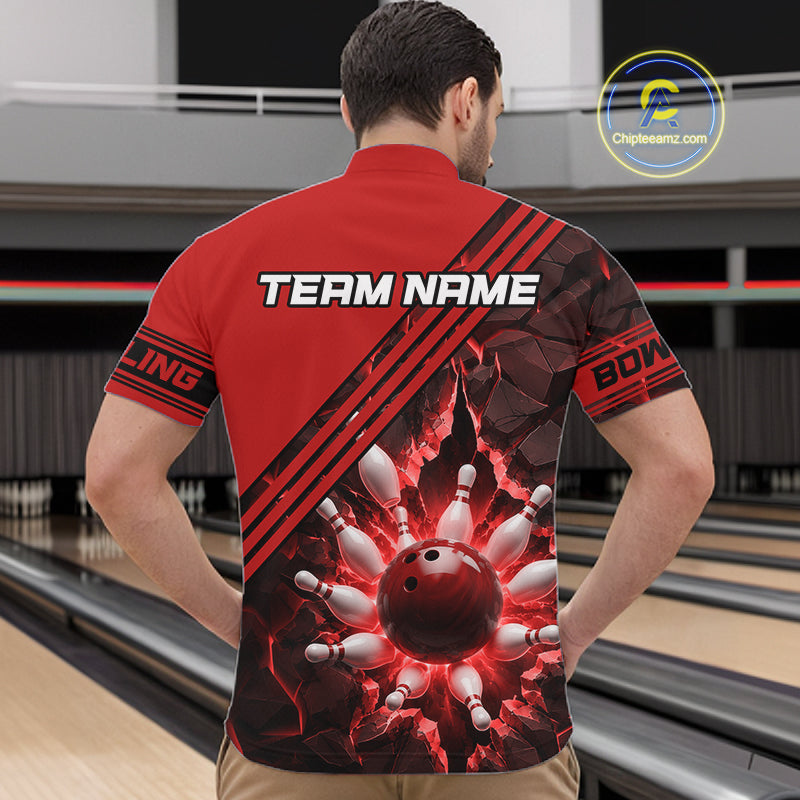 Custom Red Men Bowling League Polo & 1/4 Quarter Zip Jersey Bowling Team Shirts NBT1020