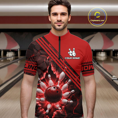 Custom Red Men Bowling League Polo & 1/4 Quarter Zip Jersey Bowling Team Shirts NBT1020