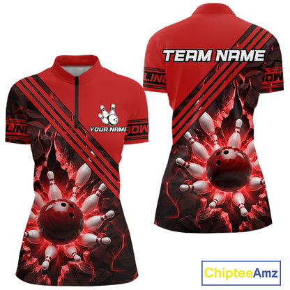 Custom Red Women Bowling League Polo & 1/4 Quarter Zip Jersey Bowling Team Shirts NBT1020