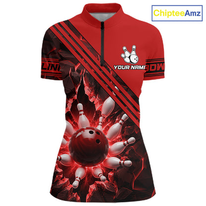 Custom Red Women Bowling League Polo & 1/4 Quarter Zip Jersey Bowling Team Shirts NBT1020