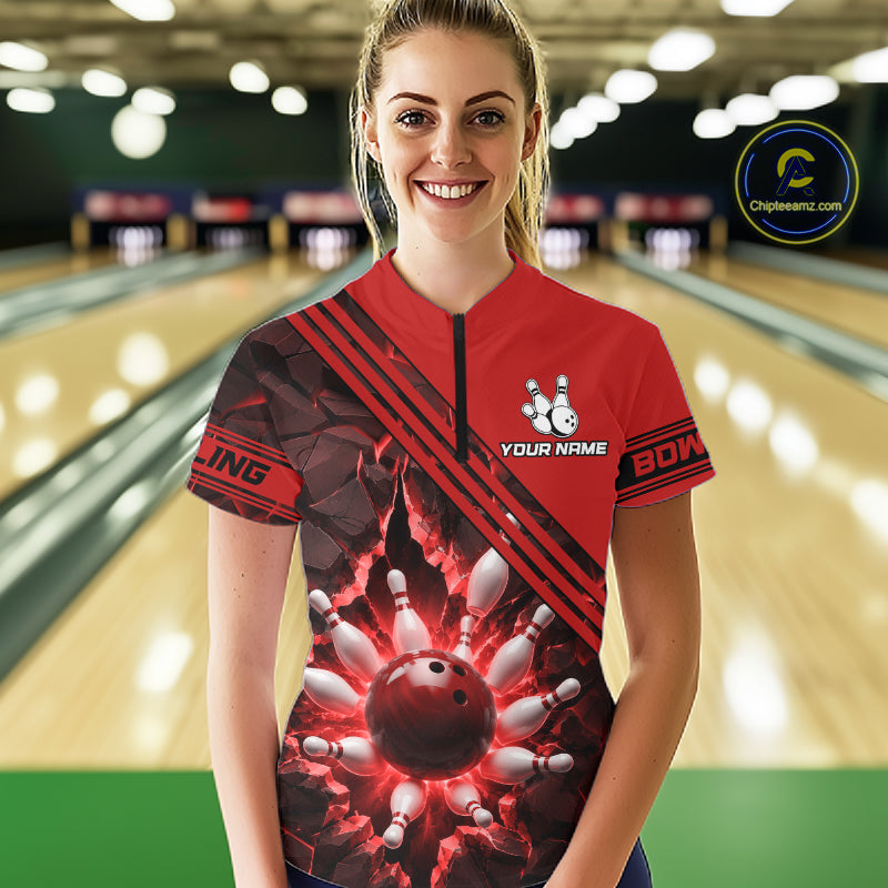 Custom Red Women Bowling League Polo & 1/4 Quarter Zip Jersey Bowling Team Shirts NBT1020
