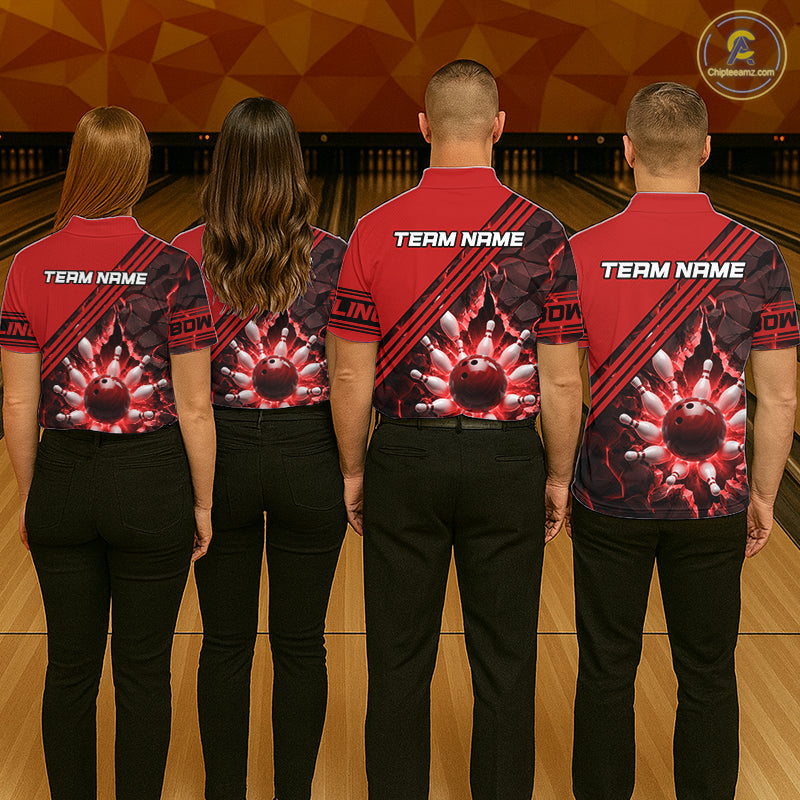 Custom Red Men Bowling League Polo & 1/4 Quarter Zip Jersey Bowling Team Shirts NBT1020