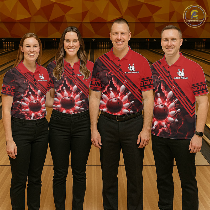 Custom Red Men Bowling League Polo & 1/4 Quarter Zip Jersey Bowling Team Shirts NBT1020