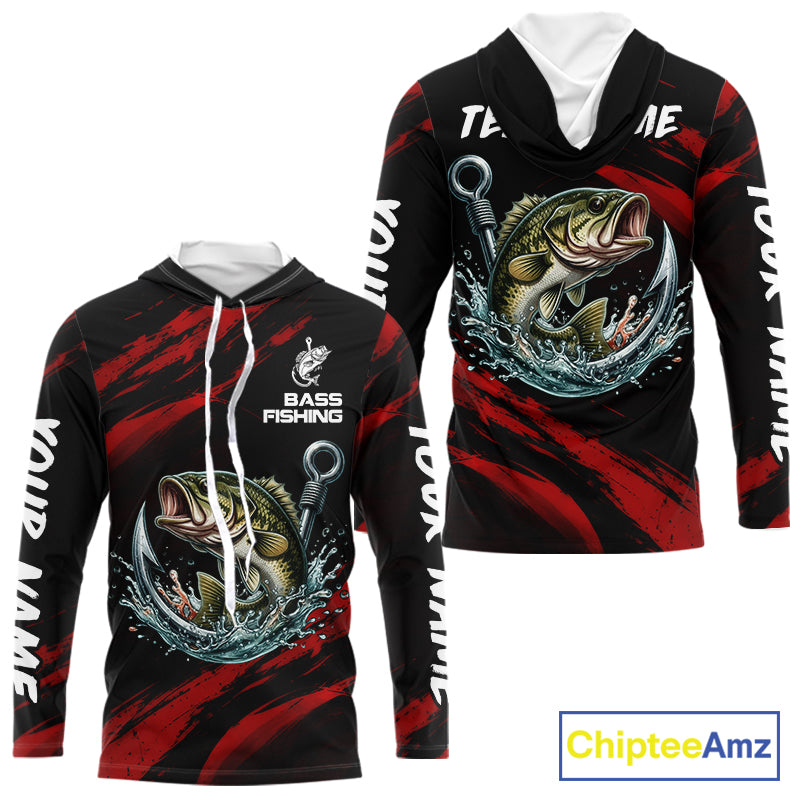 Red And Black Bass Fishing Custom Name Long Sleeve Hooded Performance Bass Fishing Shirts NBT1093