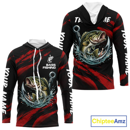 Red And Black Bass Fishing Custom Name Long Sleeve Hooded Performance Bass Fishing Shirts NBT1093