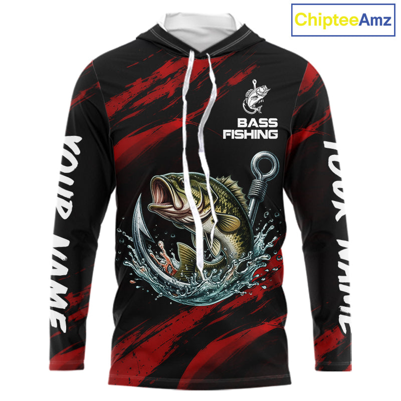 Red And Black Bass Fishing Custom Name Long Sleeve Hooded Performance Bass Fishing Shirts NBT1093