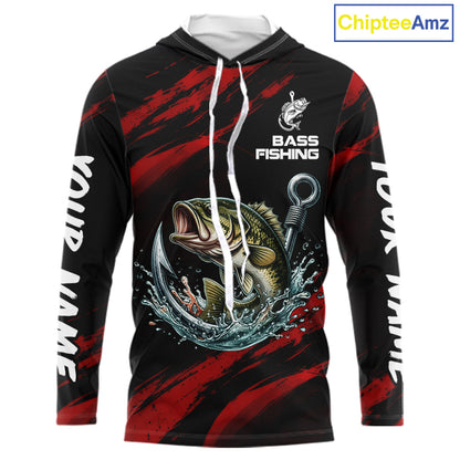 Red And Black Bass Fishing Custom Name Long Sleeve Hooded Performance Bass Fishing Shirts NBT1093
