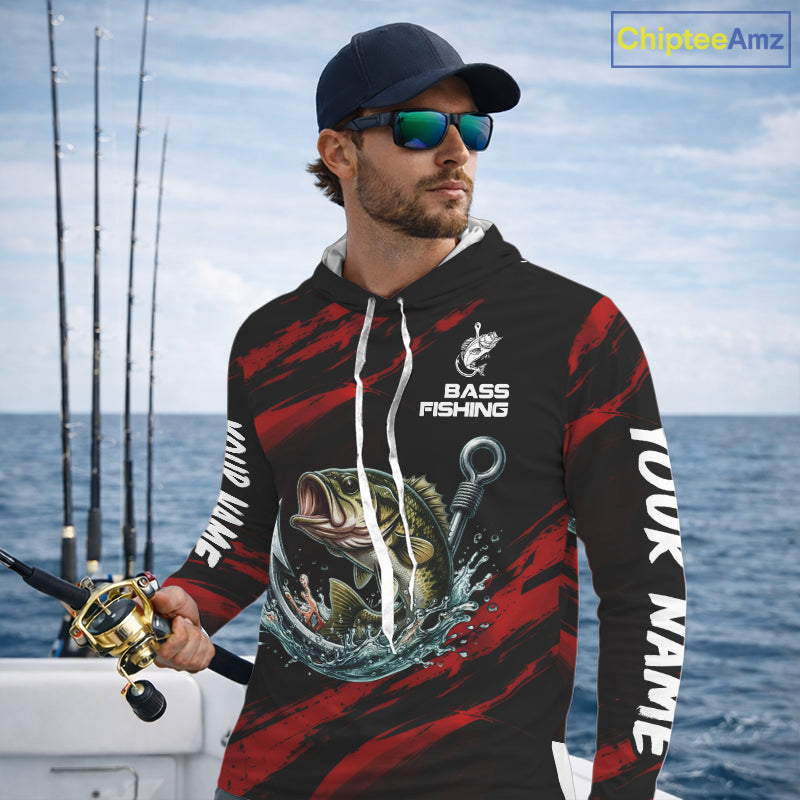 Red And Black Bass Fishing Custom Name Long Sleeve Hooded Performance Bass Fishing Shirts NBT1093