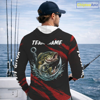 Red And Black Bass Fishing Custom Name Long Sleeve Hooded Performance Bass Fishing Shirts NBT1093