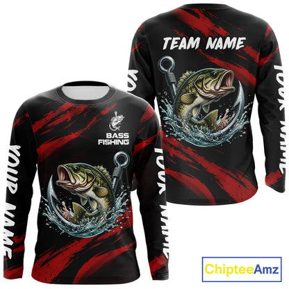 Red And Black Bass Fishing Custom Name Long Sleeve Performance Bass Fishing Shirts NBT1093