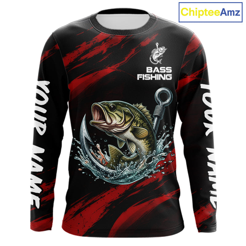 Red And Black Bass Fishing Custom Name Long Sleeve Performance Bass Fishing Shirts NBT1093