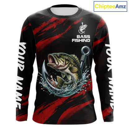 Red And Black Bass Fishing Custom Name Long Sleeve Performance Bass Fishing Shirts NBT1093