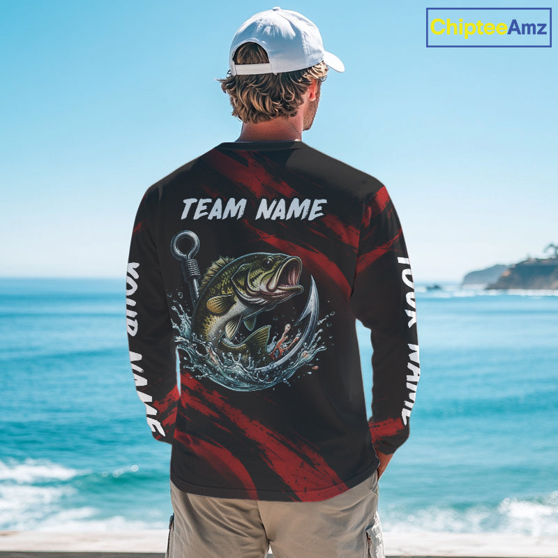 Red And Black Bass Fishing Custom Name Long Sleeve Performance Bass Fishing Shirts NBT1093