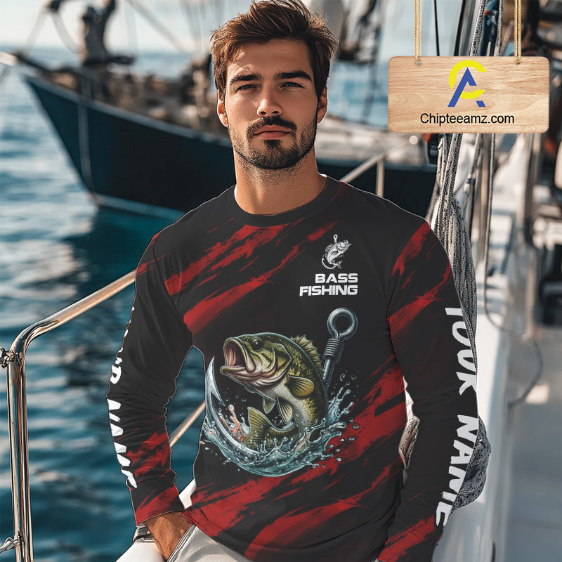 Red And Black Bass Fishing Custom Name Long Sleeve Performance Bass Fishing Shirts NBT1093