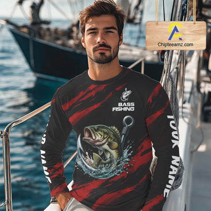 Red And Black Bass Fishing Custom Name Long Sleeve Performance Bass Fishing Shirts NBT1093