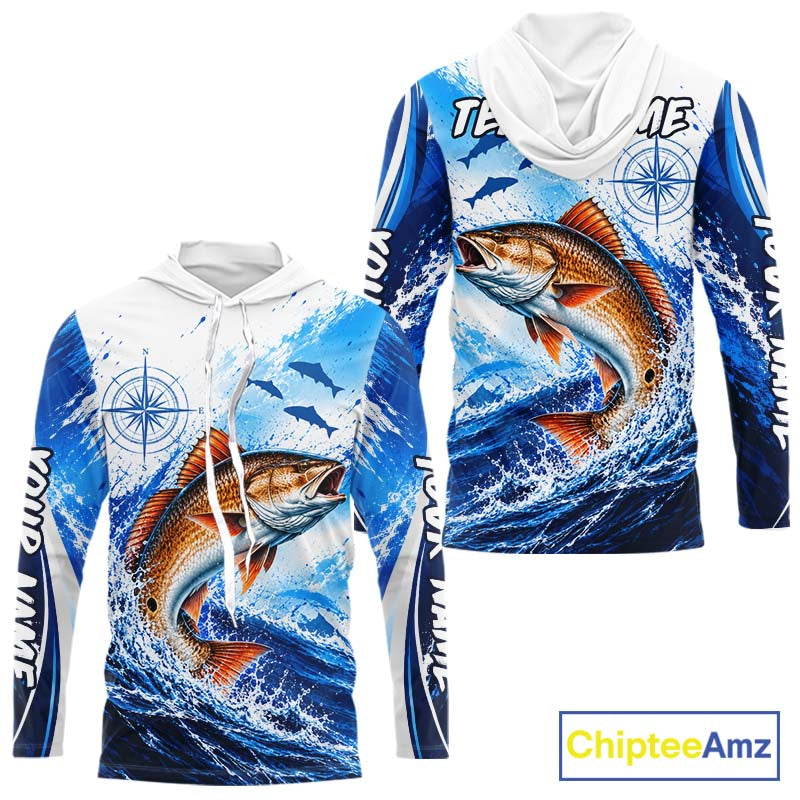 Personalized Redfish Blue Long Sleeve Hooded Performance Fishing Shirts, Redfish Tournament Shirt NBT1231