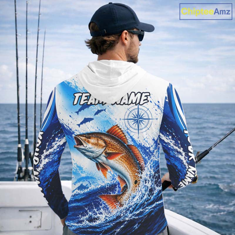 Personalized Redfish Blue Long Sleeve Hooded Performance Fishing Shirts, Redfish Tournament Shirt NBT1231
