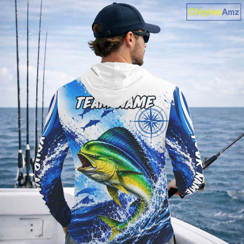 Personalized Mahi Mahi Blue Long Sleeve Hooded Performance Fishing Shirts, Mahi Mahi Tournament Shirt NBT1232