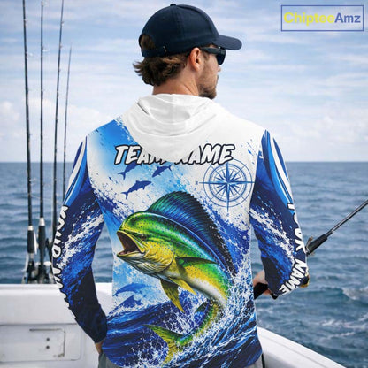 Personalized Mahi Mahi Blue Long Sleeve Hooded Performance Fishing Shirts, Mahi Mahi Tournament Shirt NBT1232