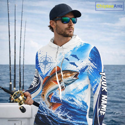 Personalized Redfish Blue Long Sleeve Hooded Performance Fishing Shirts, Redfish Tournament Shirt NBT1231