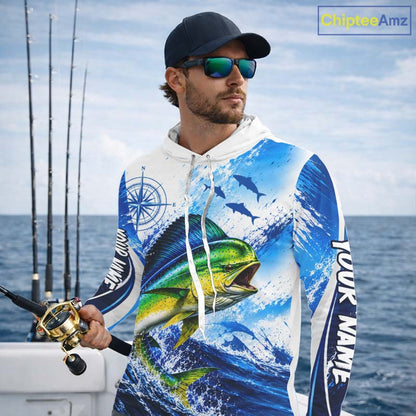 Personalized Mahi Mahi Blue Long Sleeve Hooded Performance Fishing Shirts, Mahi Mahi Tournament Shirt NBT1232