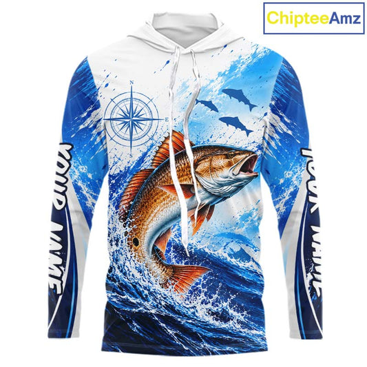 Personalized Redfish Blue Long Sleeve Hooded Performance Fishing Shirts, Redfish Tournament Shirt NBT1231