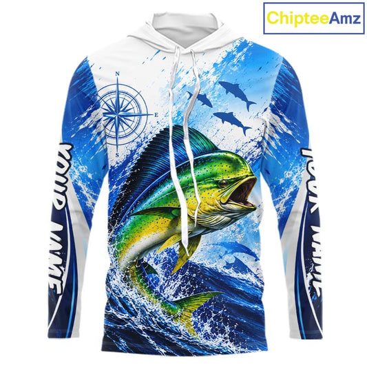 Personalized Mahi Mahi Blue Long Sleeve Hooded Performance Fishing Shirts, Mahi Mahi Tournament Shirt NBT1232