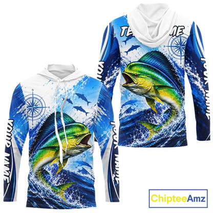 Personalized Mahi Mahi Blue Long Sleeve Hooded Performance Fishing Shirts, Mahi Mahi Tournament Shirt NBT1232