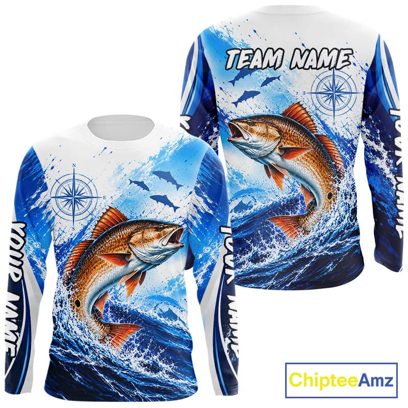 Personalized Redfish Blue Long Sleeve Performance Fishing Shirts, Redfish Tournament Shirt NBT1231
