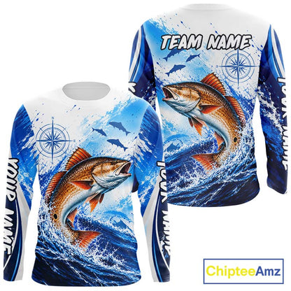 Personalized Redfish Blue Long Sleeve Performance Fishing Shirts, Redfish Tournament Shirt NBT1231
