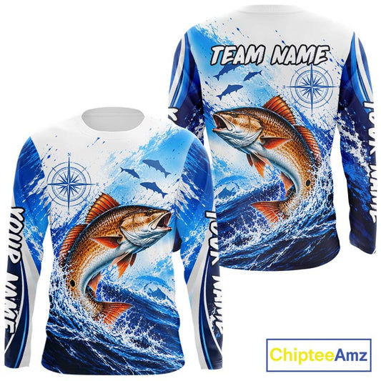 Personalized Redfish Blue Long Sleeve Performance Fishing Shirts, Redfish Tournament Shirt NBT1231