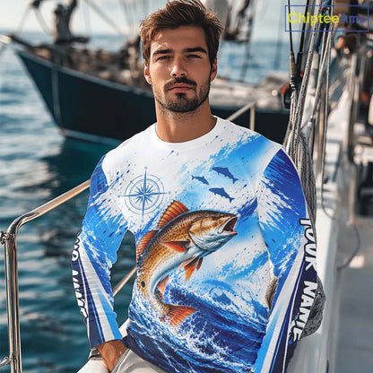 Personalized Redfish Blue Long Sleeve Performance Fishing Shirts, Redfish Tournament Shirt NBT1231
