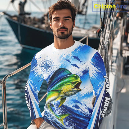 Personalized Mahi Mahi Blue Long Sleeve Performance Fishing Shirts, Mahi Mahi Tournament Shirt NBT1232