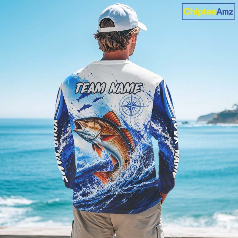 Personalized Redfish Blue Long Sleeve Performance Fishing Shirts, Redfish Tournament Shirt NBT1231