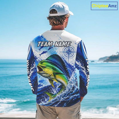 Personalized Mahi Mahi Blue Long Sleeve Performance Fishing Shirts, Mahi Mahi Tournament Shirt NBT1232