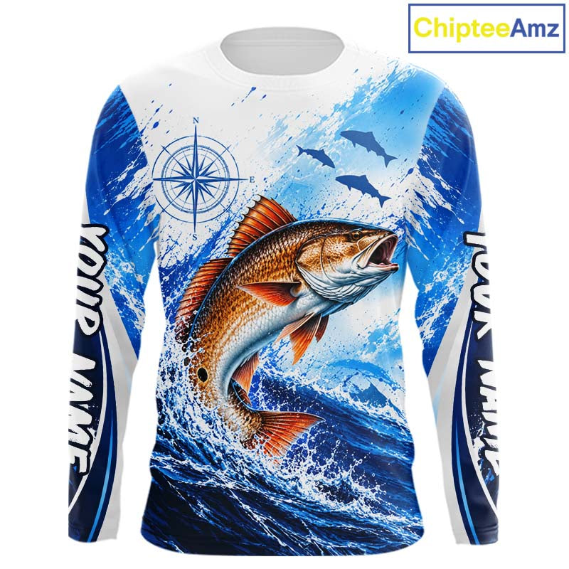Personalized Redfish Blue Long Sleeve Performance Fishing Shirts, Redfish Tournament Shirt NBT1231