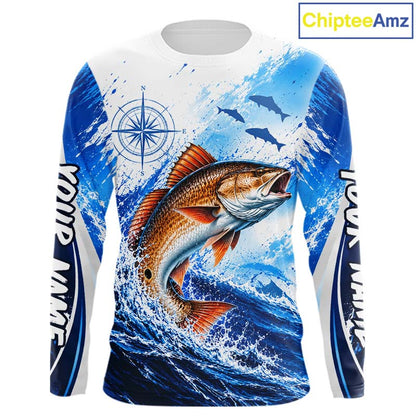 Personalized Redfish Blue Long Sleeve Performance Fishing Shirts, Redfish Tournament Shirt NBT1231