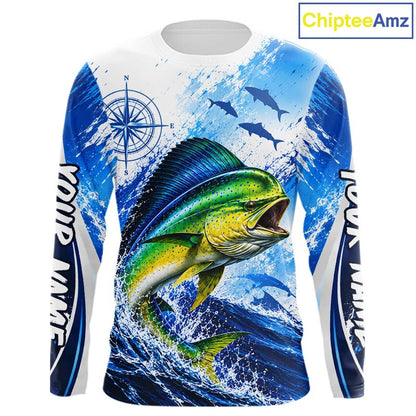 Personalized Mahi Mahi Blue Long Sleeve Performance Fishing Shirts, Mahi Mahi Tournament Shirt NBT1232