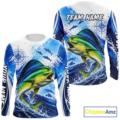 Personalized Mahi Mahi Blue Long Sleeve Performance Fishing Shirts, Mahi Mahi Tournament Shirt NBT1232