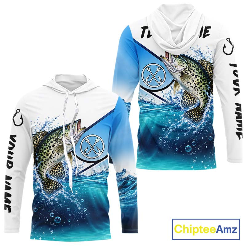Blue Camo Crappie Fishing Performance Long Sleeve Hooded Team Crappie Fishing Tournament Shirts NBT1233